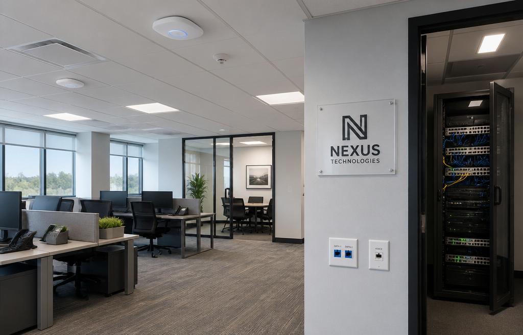 Commercial office network infrastructure with server cabinet