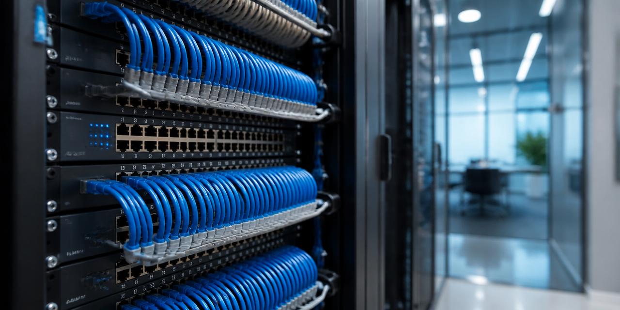 Professional network server rack with blue ethernet cables